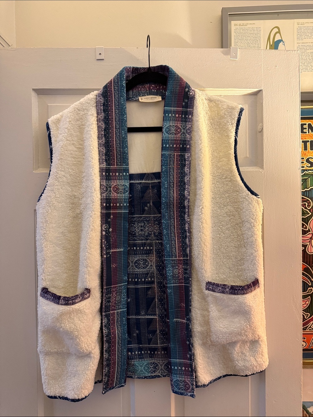 Lucky Brand Cream Sherpa Vest with Blue and Teal Trim